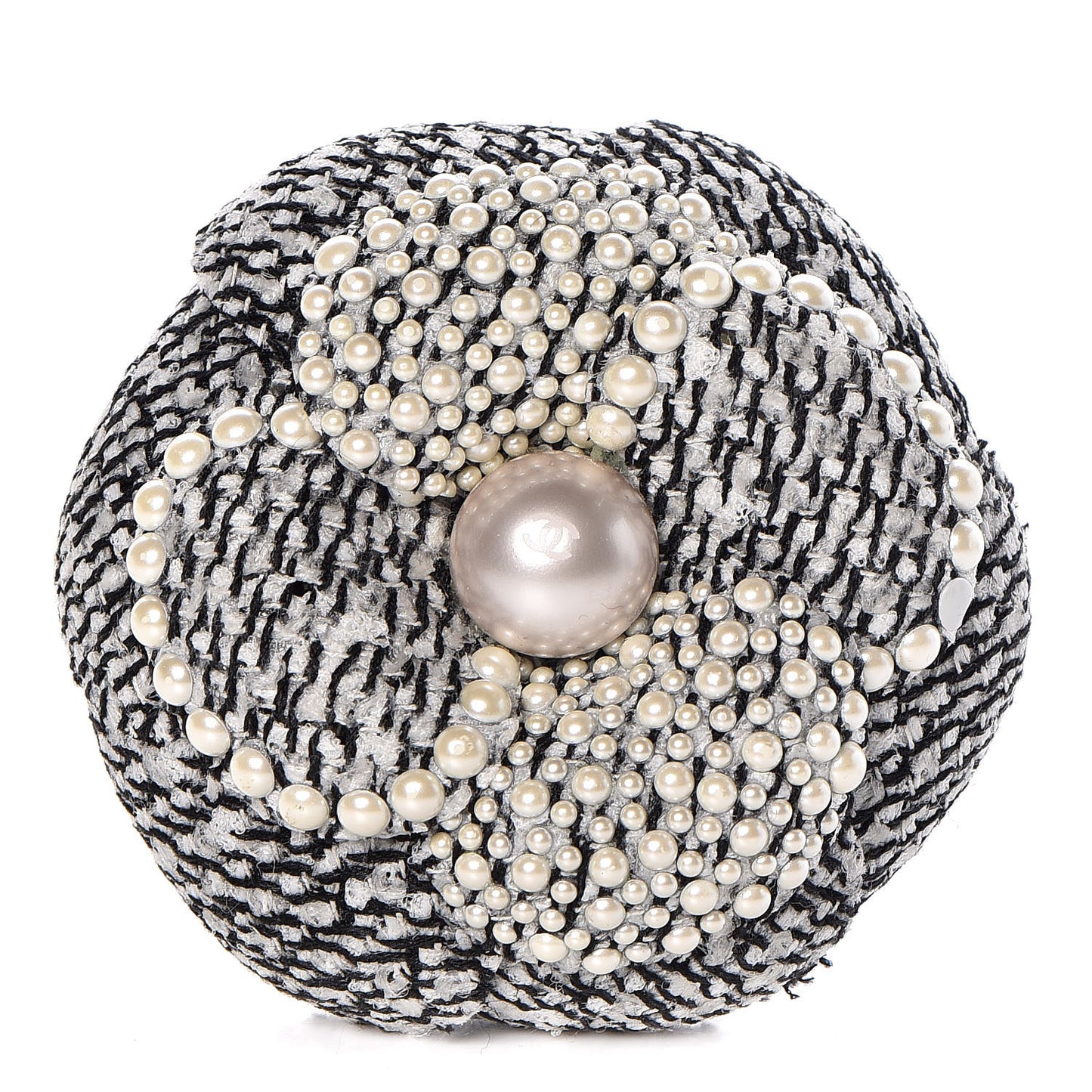 Tweed Pearl Camellia Brooch Black White Grey