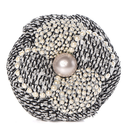 Chanel Tweed Pearl Camellia Brooch Black White Grey 1 of 5