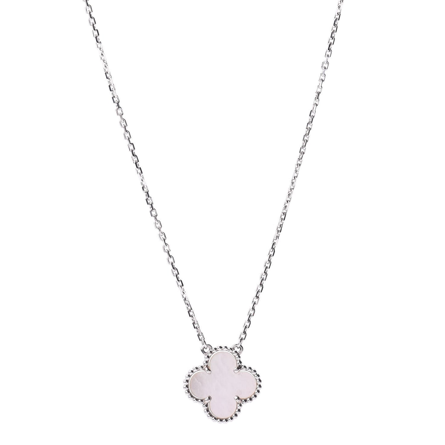 18K White Gold Mother of Pearl Vintage Alhambra Pendant Necklace