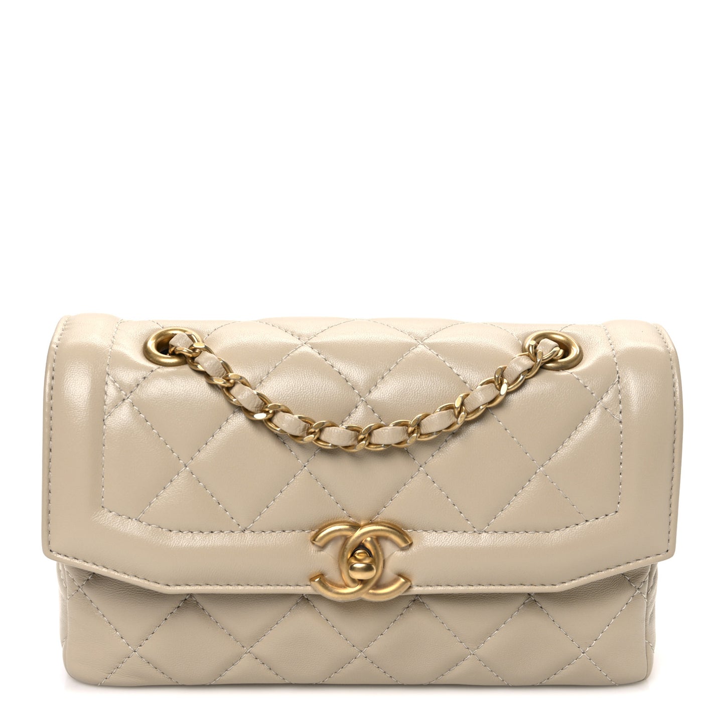 Shiny Lambskin Quilted Mini Flap Beige