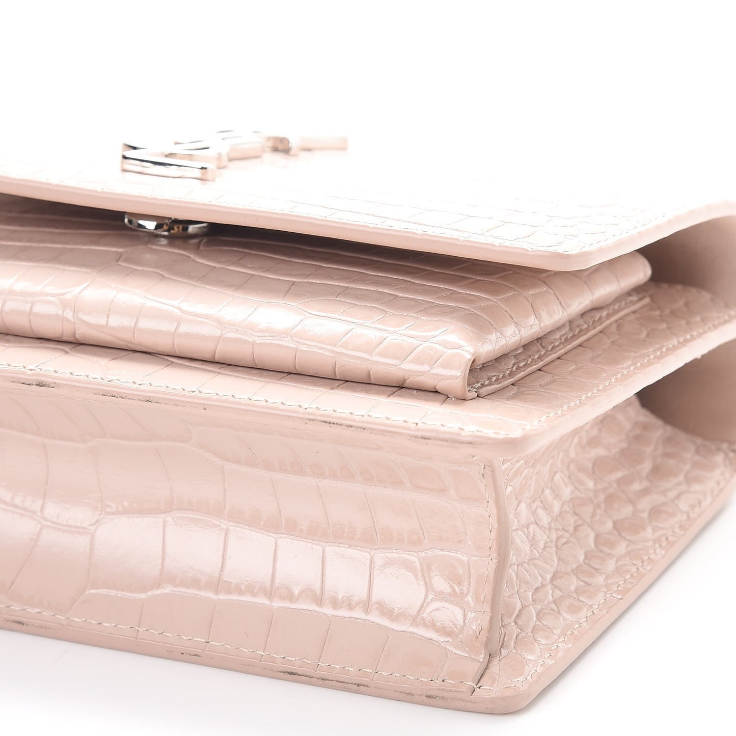 Calfskin Crocodile Embossed Monogram Sunset Chain Wallet Soft Nude