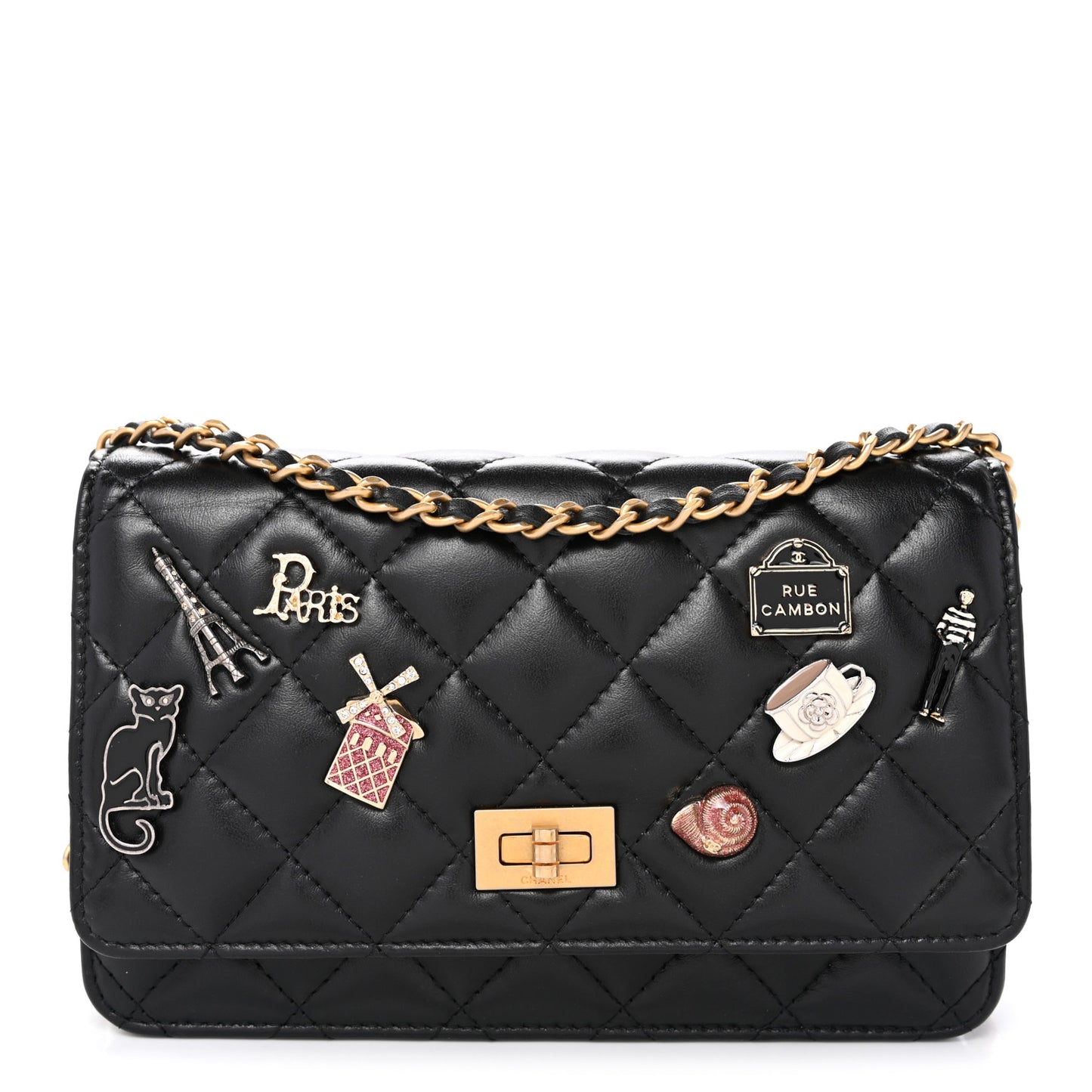 Aged Calfskin Quilted Lucky Charms 2.55 Reissue Wallet On Chain WOC Black
