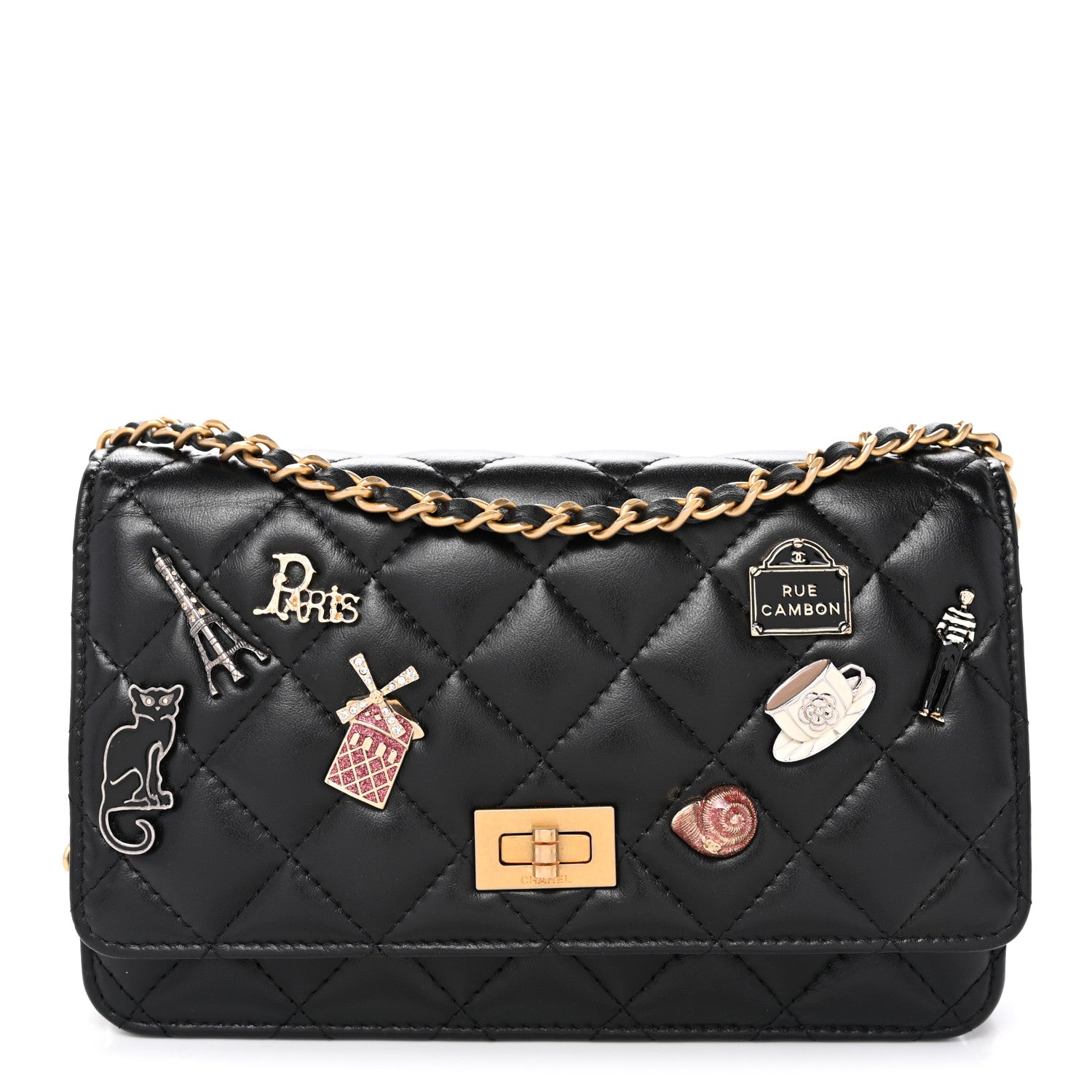 Chanel Aged Calfskin Quilted Lucky Charms 2.55 Reissue Wallet On Chain WOC Black 1 of 11