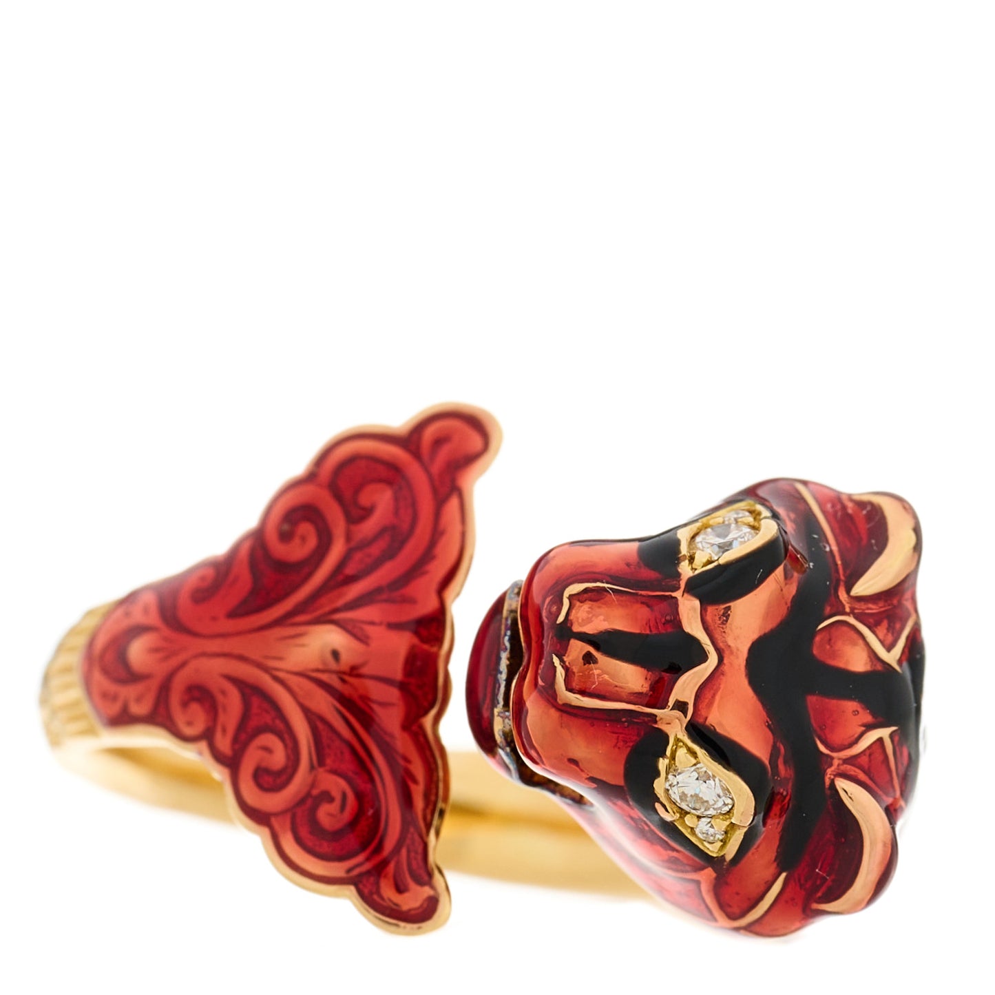 18K Yellow Gold Diamond Enamel Le Marche Des Merveilles Tiger Head Ring 53 6.25 Red
