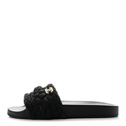 Chanel Lambskin Pearl Beaded Woven Slides 38 Black 1 of 10