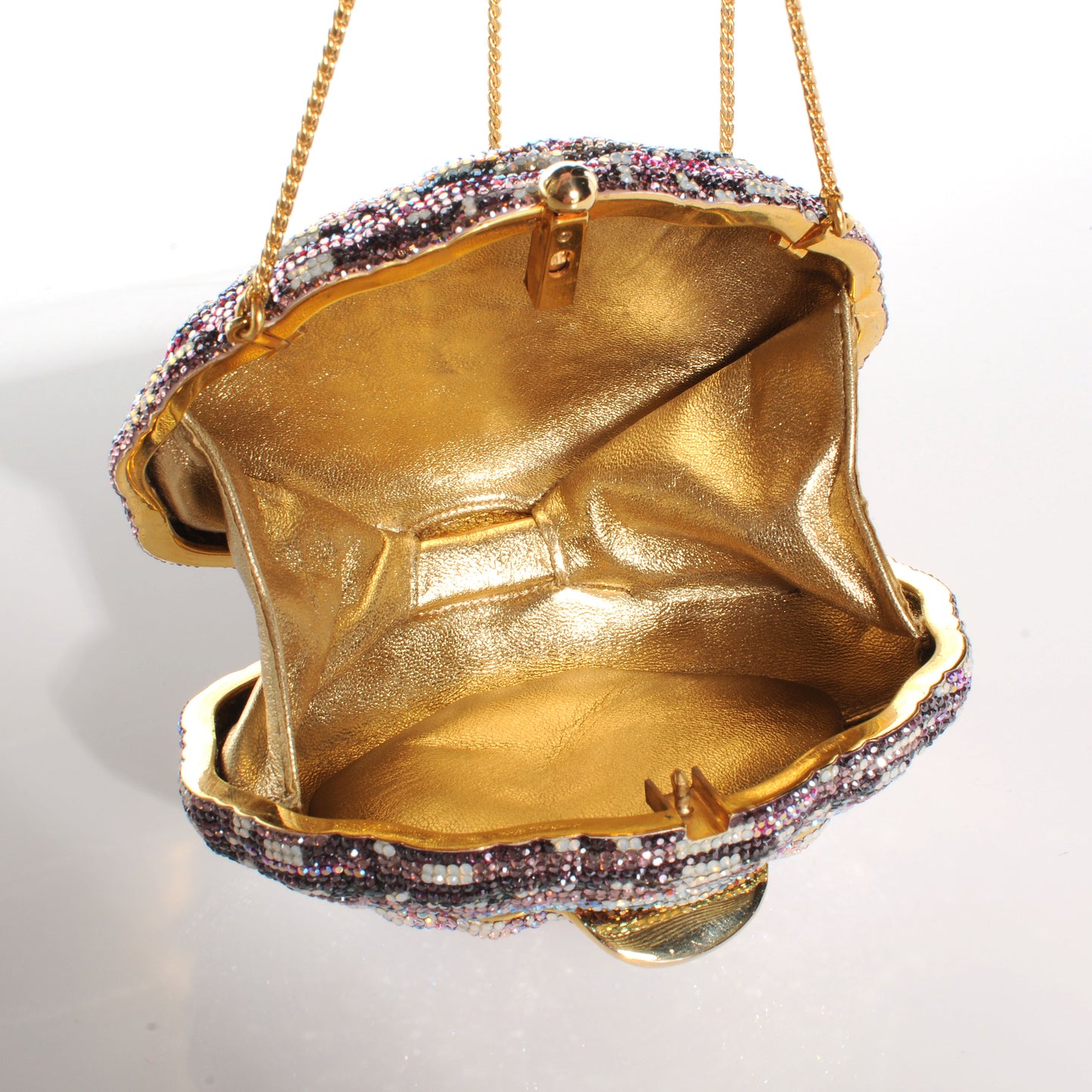 Crystal Venus Clamshell Minaudiere Clutch Gold