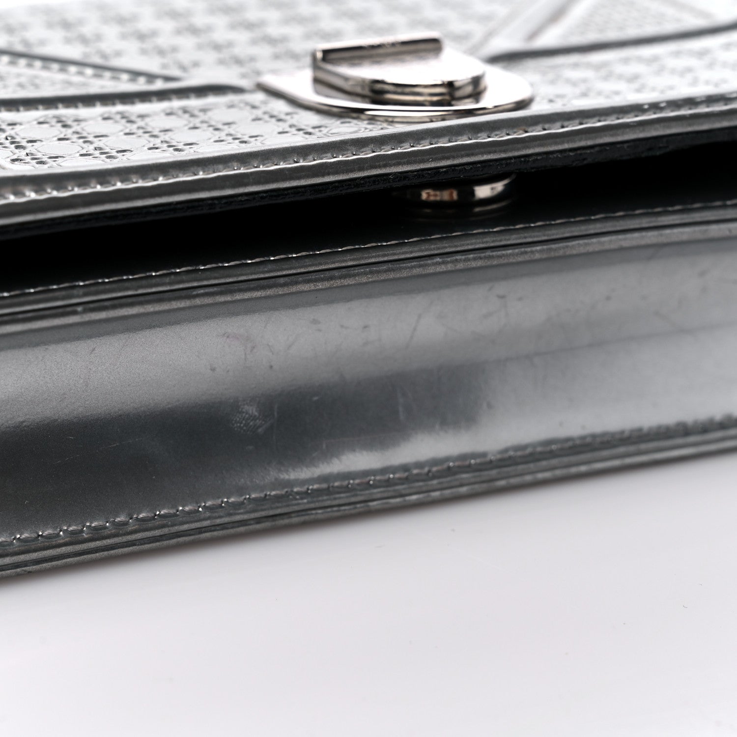 Christian Dior Metallic Patent Micro-Cannage Diorama Wallet on Chain Pouch Silver 11 of 12