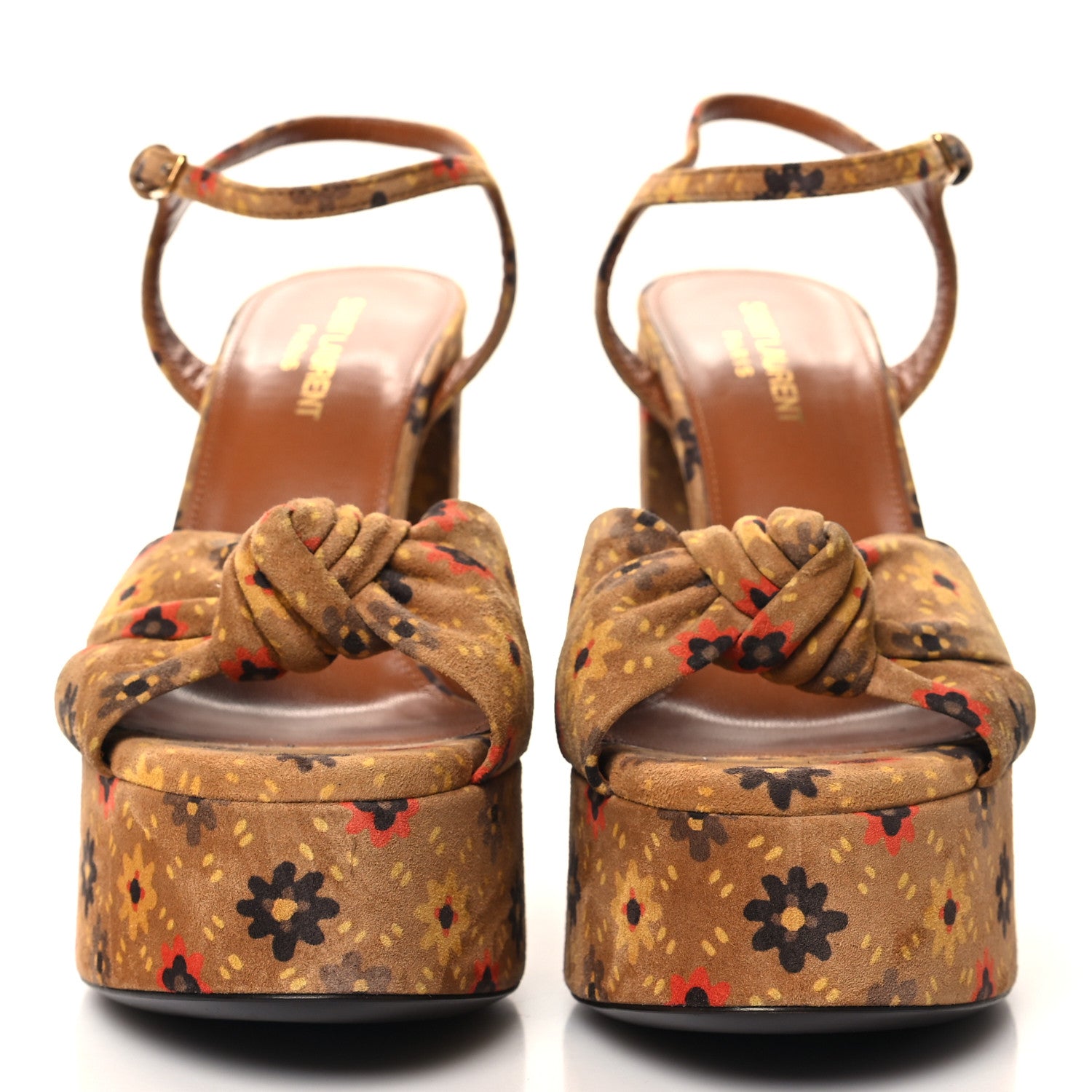 Saint Laurent Suede Bianca Flower 85 Platform Sandals 38.5 Tan 2 of 9