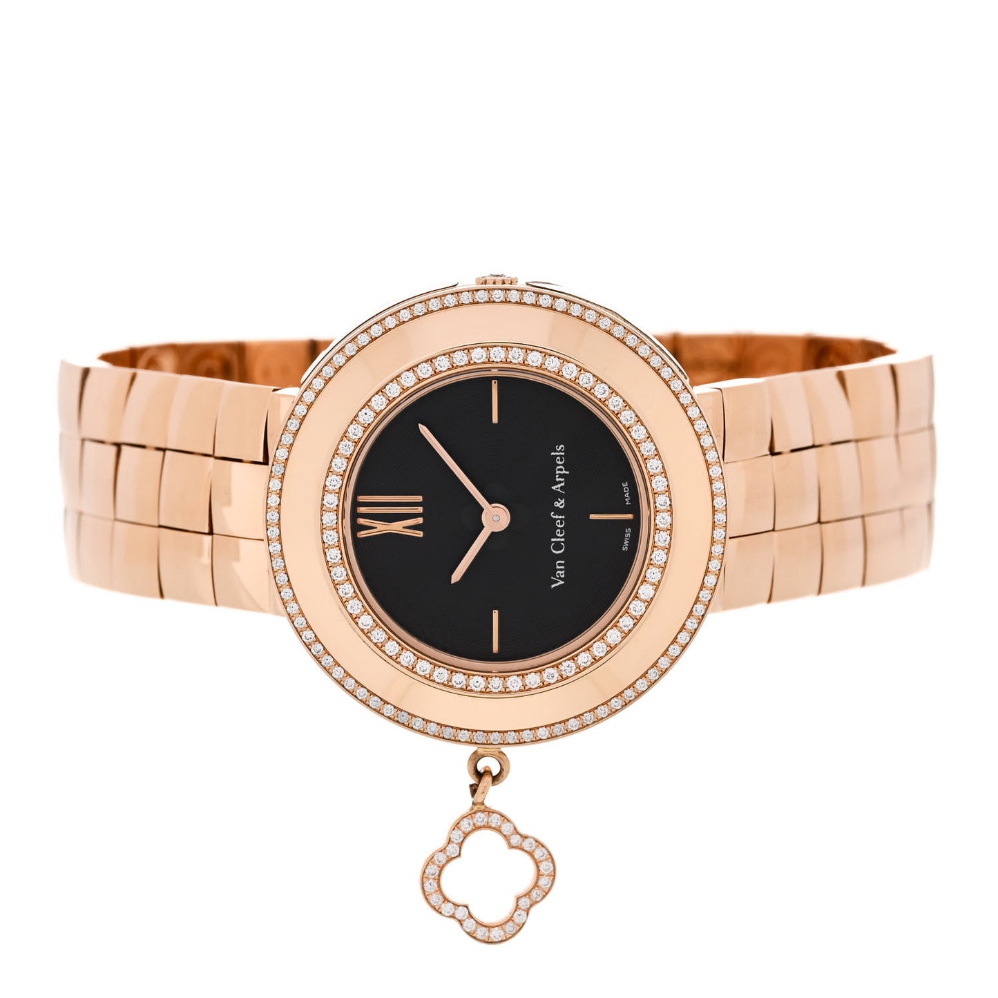 18K Rose Gold Diamond Bezel 32mm Charms Quartz Watch Black