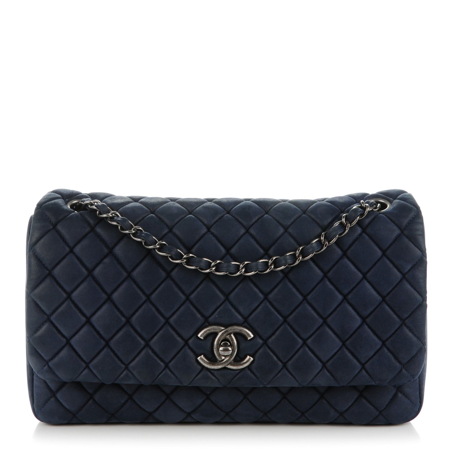 Iridescent Calfskin Quilted Large New Bubble Flap Dark Blue