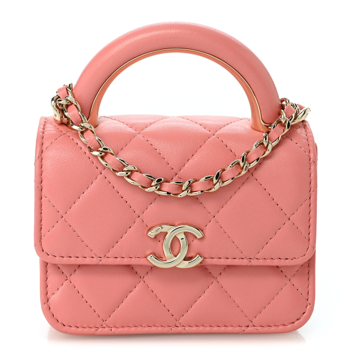 Lambskin Quilted Top Handle Flap Clutch With Chain Pink