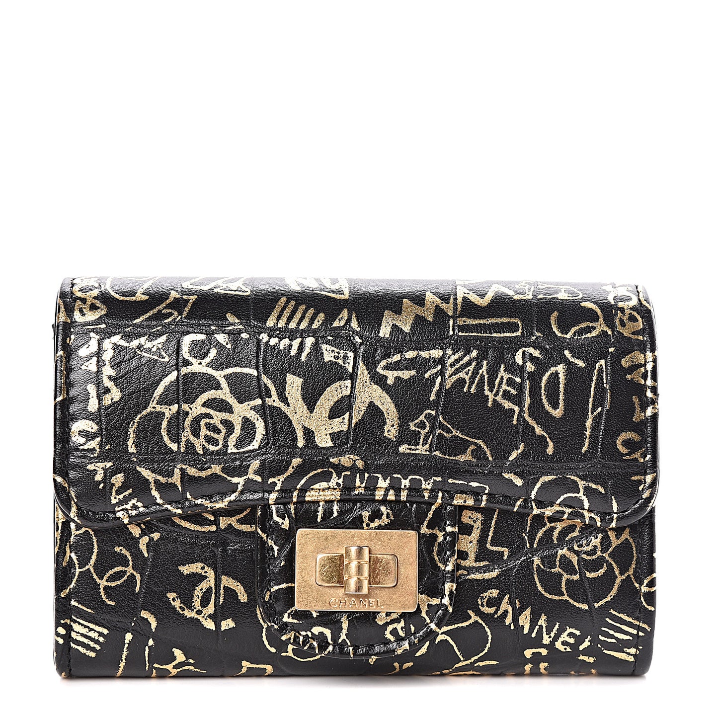 Calfskin Crocodile Embossed Graffiti Reissue Card Holder Wallet Black Gold