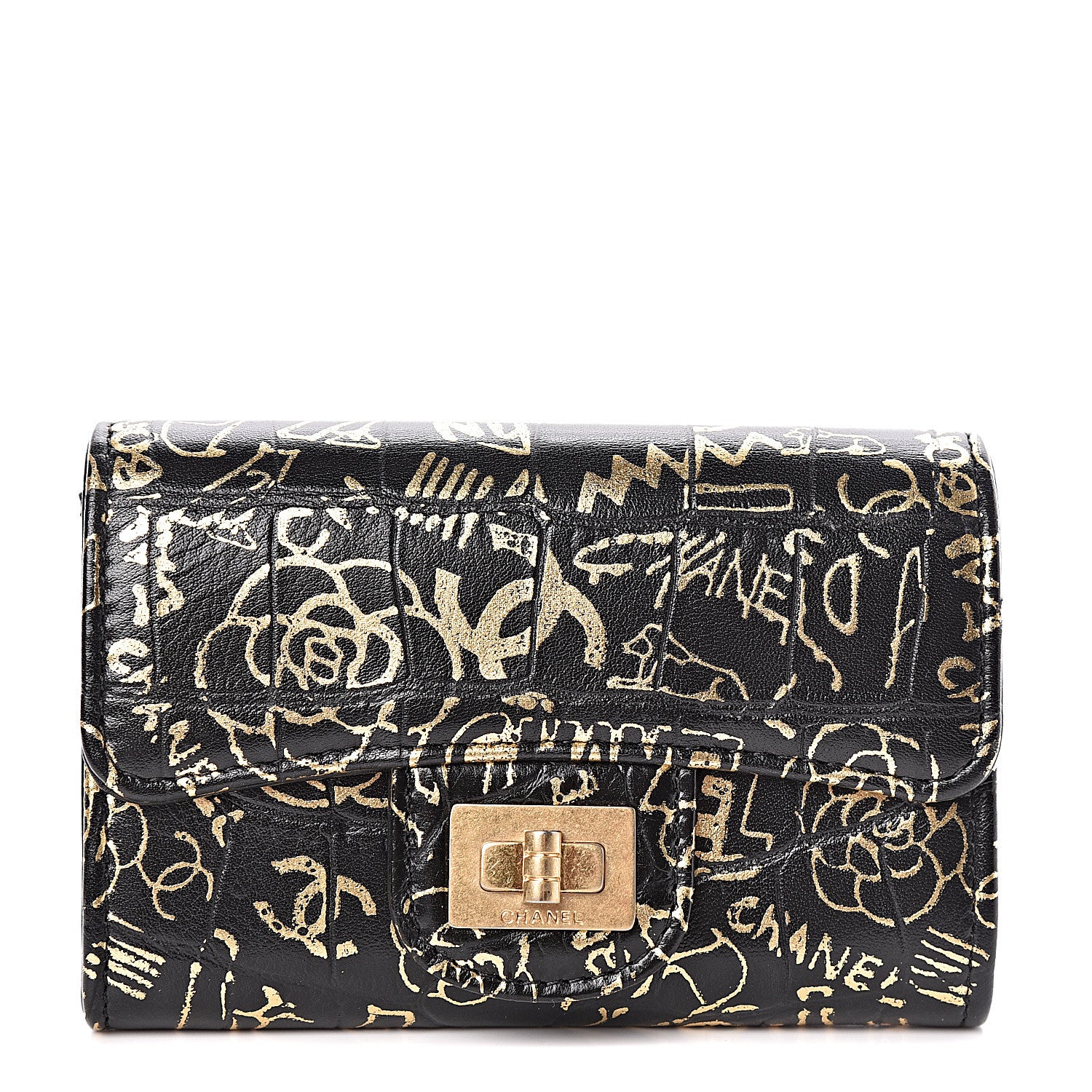 Chanel Calfskin Crocodile Embossed Graffiti Reissue Card Holder Wallet Black Gold 1 of 9