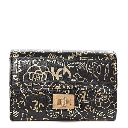 Chanel Calfskin Crocodile Embossed Graffiti Reissue Card Holder Wallet Black Gold 1 of 9