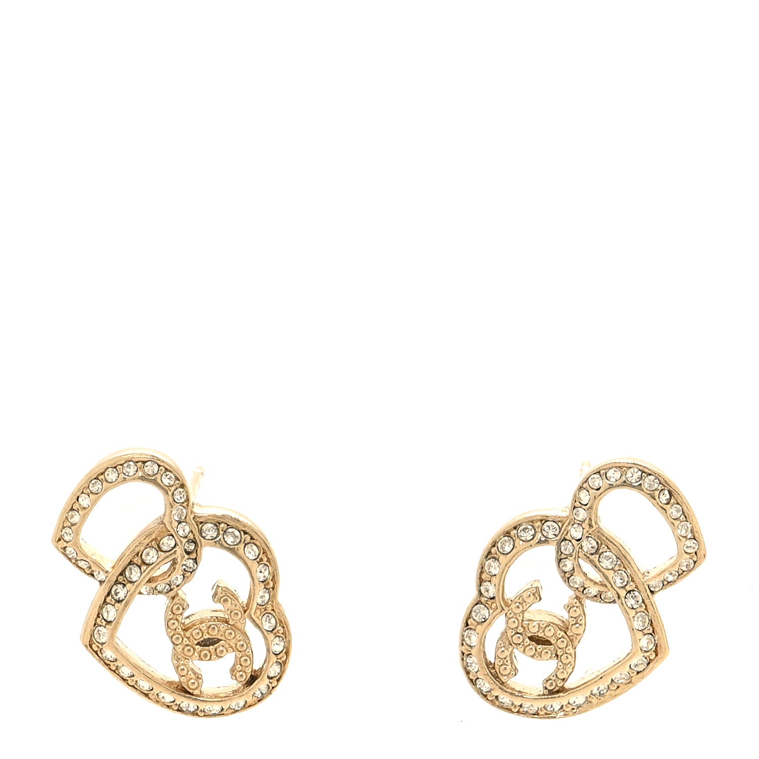 Chanel Crystal Metal CC Double Heart Earrings Gold 1 of 5