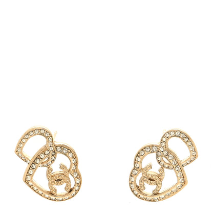 Chanel Crystal Metal CC Double Heart Earrings Gold 1 of 5