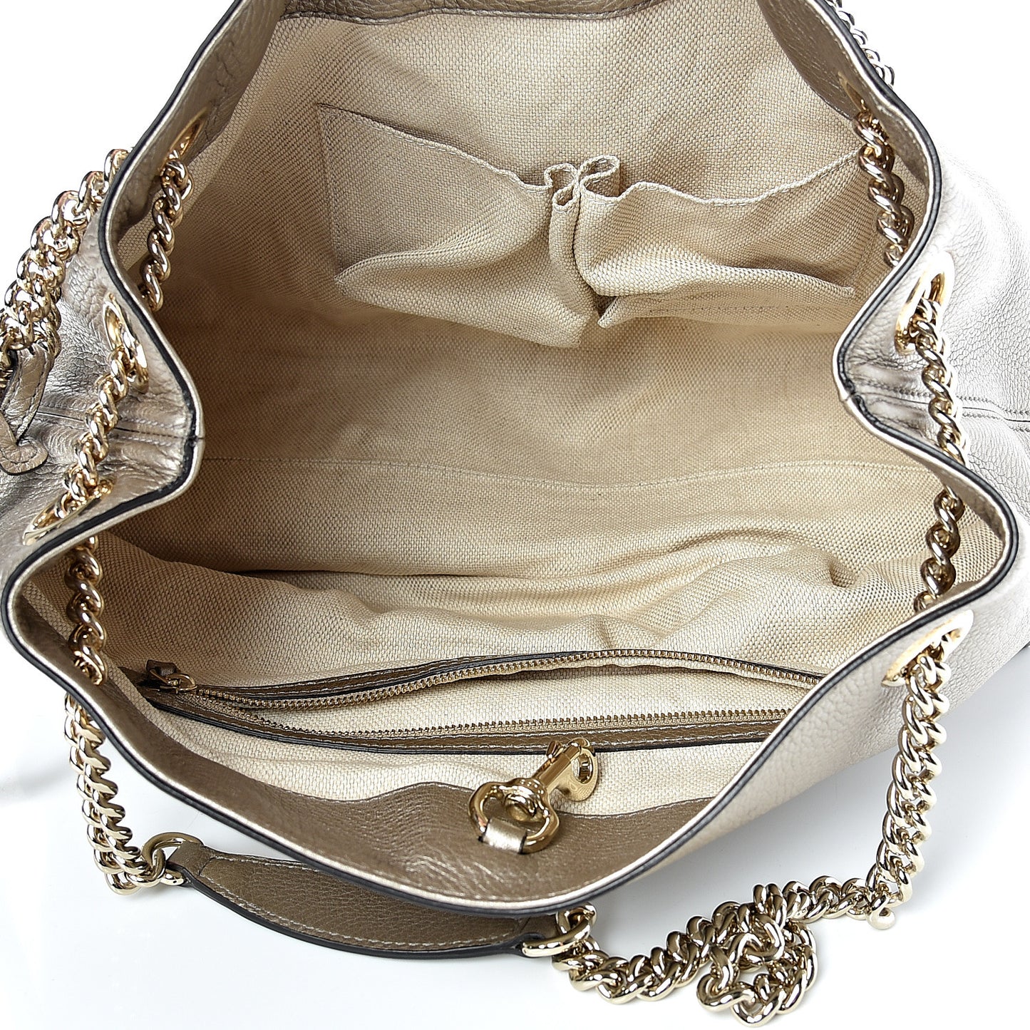 Metallic Pebbled Calfskin Medium Soho Chain Shoulder Bag Golden Beige