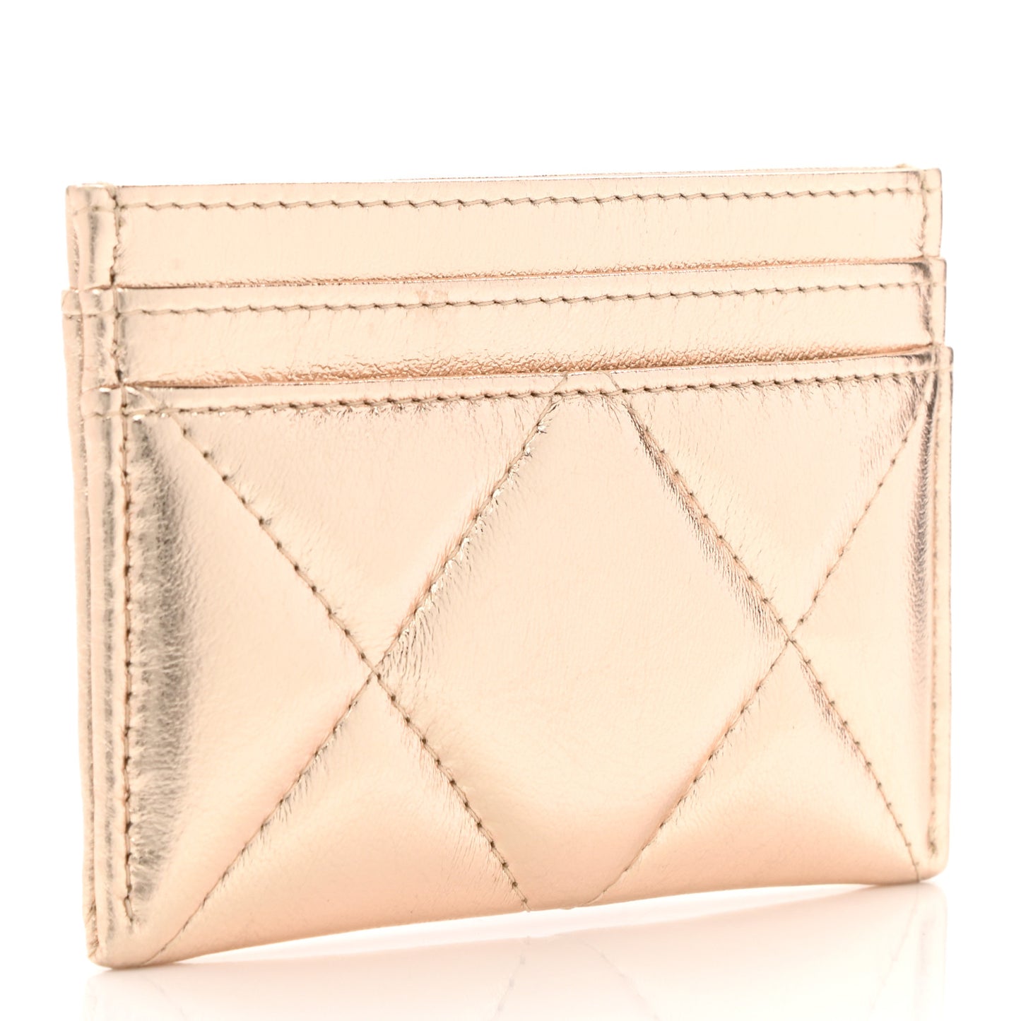 Metallic Lambskin Quilted Chanel 19 Card Holder Gold