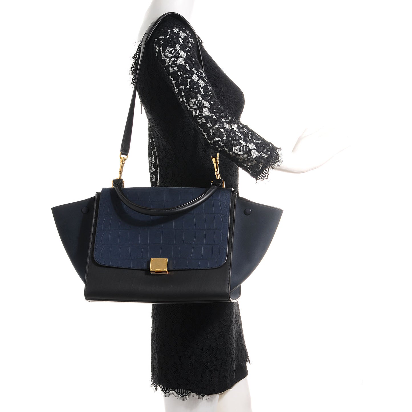 Nubuck Crocodile Embossed Medium Trapeze Navy