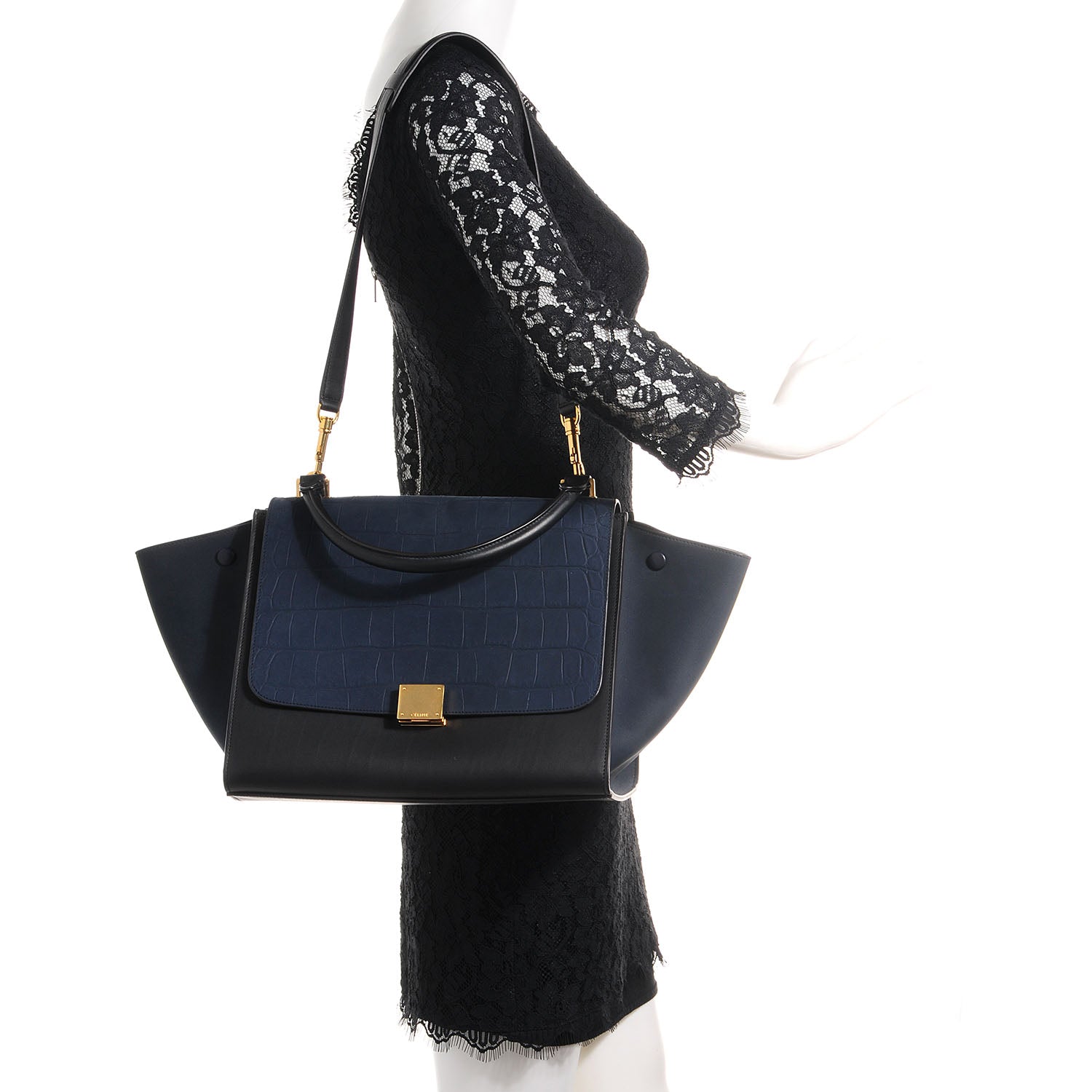 Celine Nubuck Crocodile Embossed Medium Trapeze Navy 2 of 8