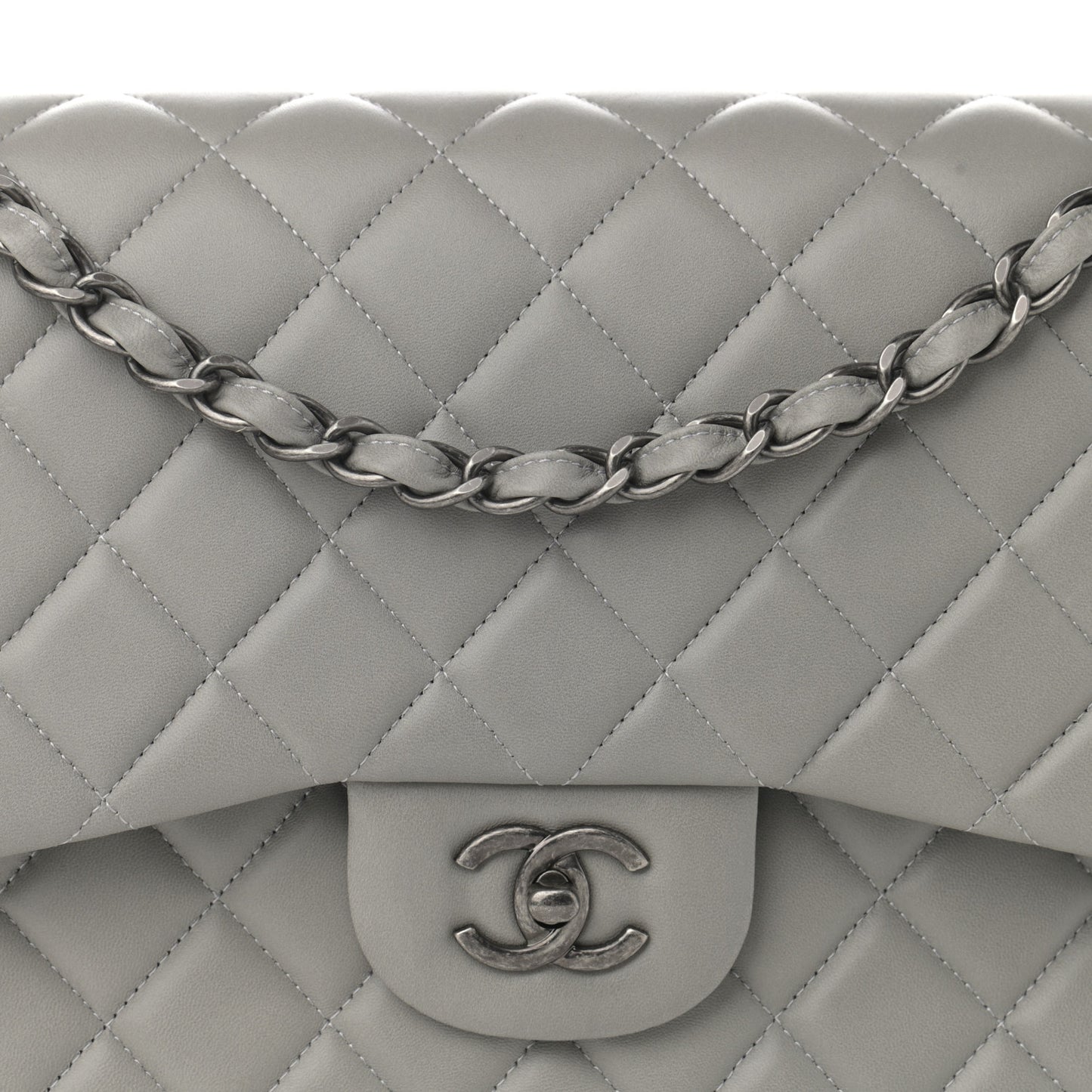 Lambskin Quilted Jumbo Double Flap Grey