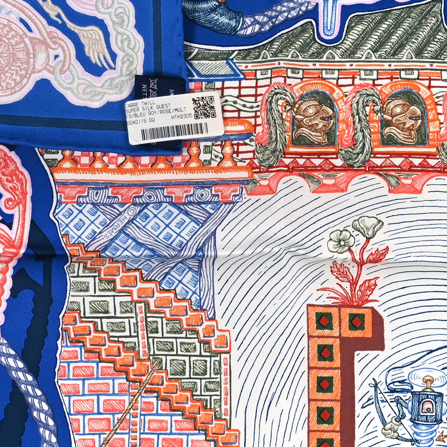 Hermes Silk Super Silk Quest Scarf 90 Bleu Roy Rose Multicolor
