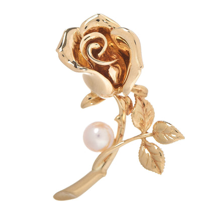 Mikimoto 18K Yellow Gold Akoya Pearl 5.5mm Rose Lapel Pin 1 of 4