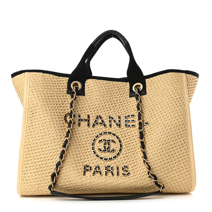 Chanel Straw Raffia Calfskin Chain Medium Deauville Tote Beige Black 1 of 9