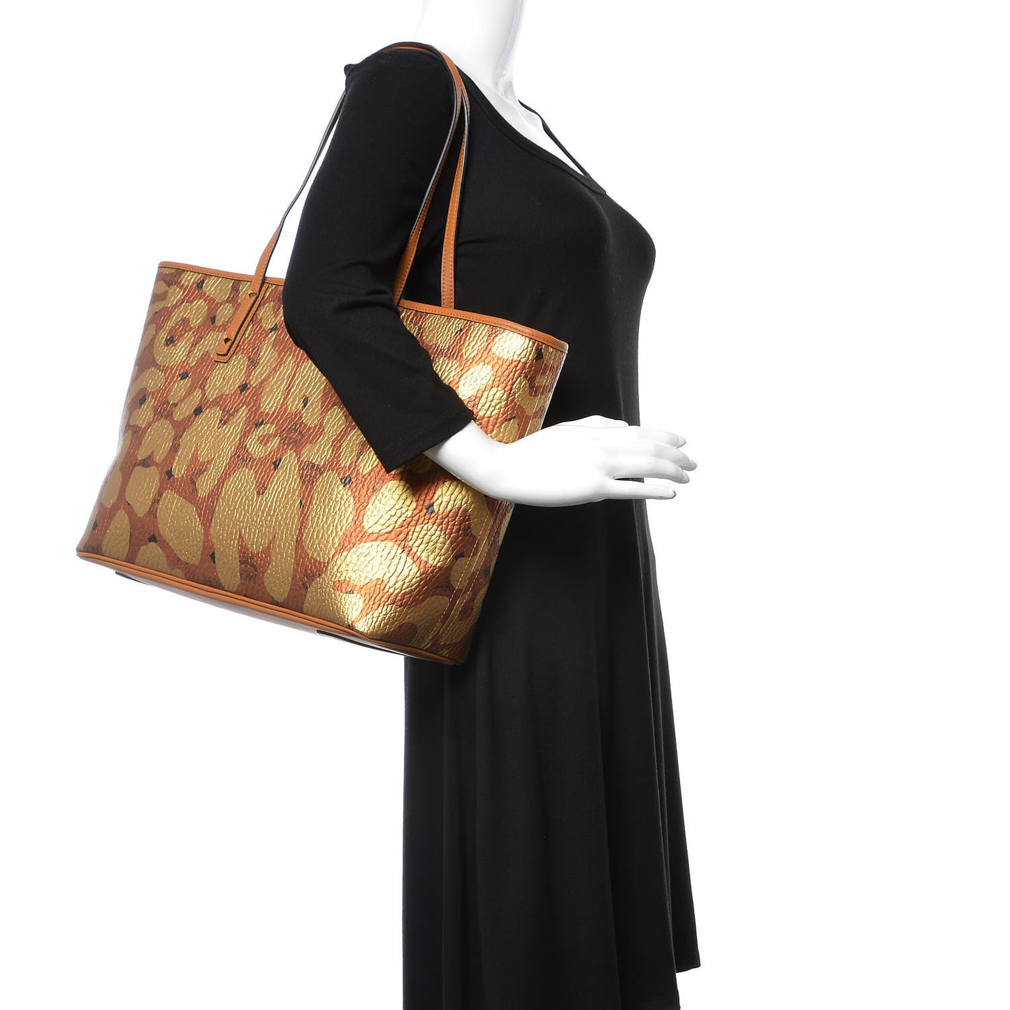 Visetos Metallic Leopard Print Medium Anya Shopper Tote Cognac