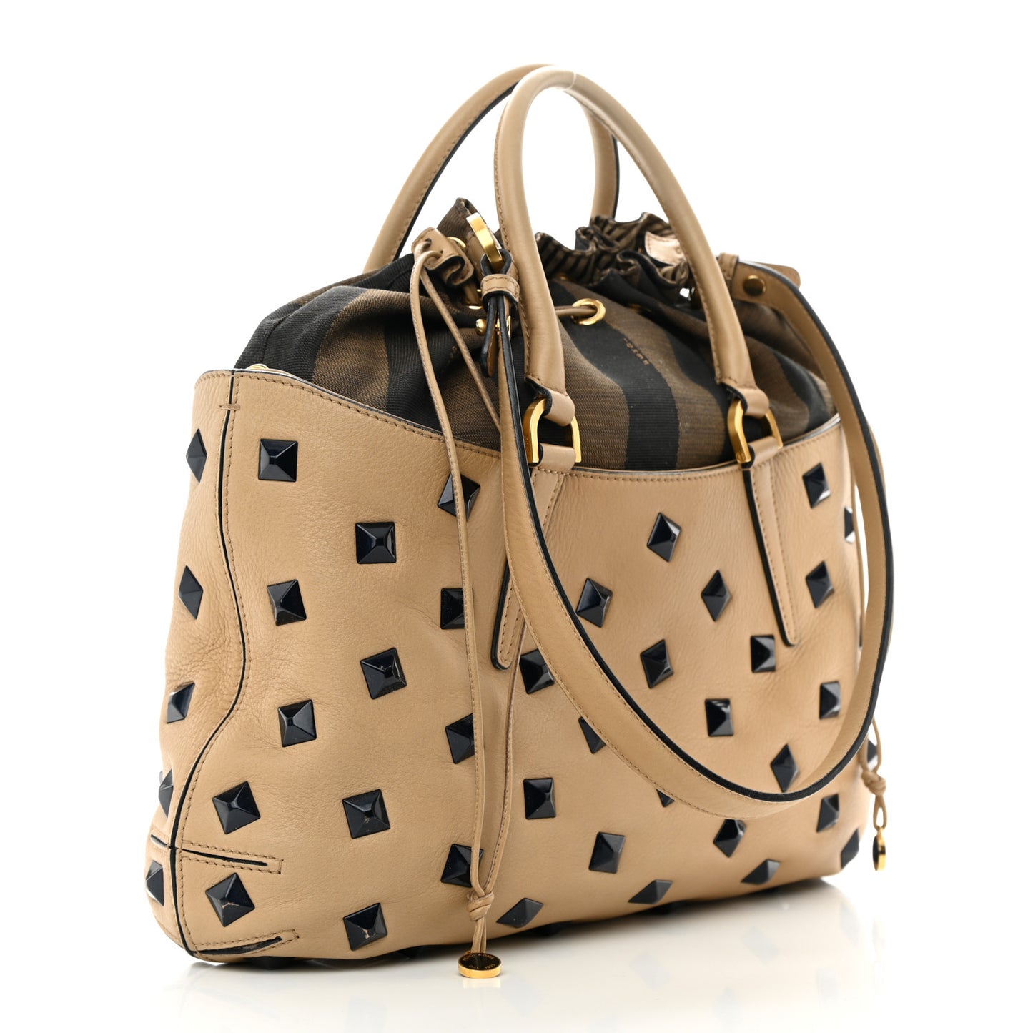 Calfskin Studded Medium B Fab Drawstring Tote Miel Scuro