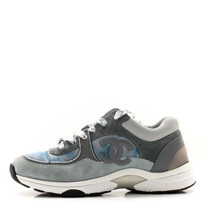 Chanel Nylon Lambskin Suede Calfskin CC Sneakers 39 Blue Grey White 1 of 14