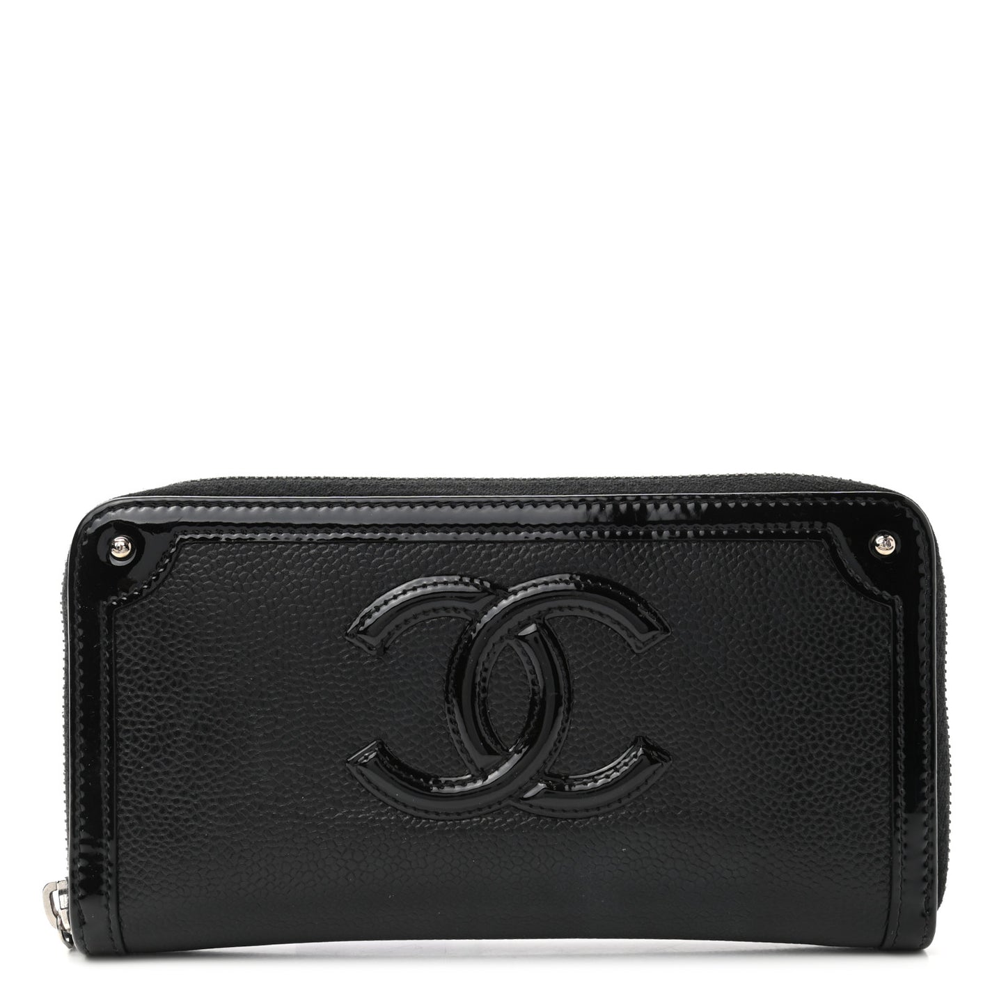 Caviar Patent Small CC Contour Zip Around Wallet Black