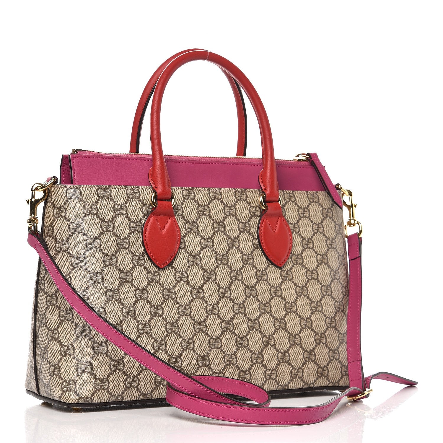 Gucci GG Supreme Monogram Moon Calfskin Small Zip Top Tote Beige Ebony Hibiscus Red New Rosette 3 of 7