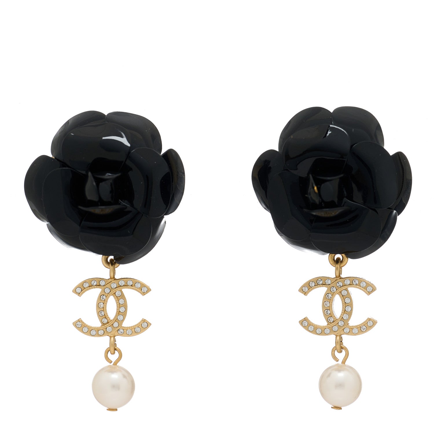 Chanel Enamel Crystal Pearl CC Camellia Drop Earrings Black Gold 1 of 5