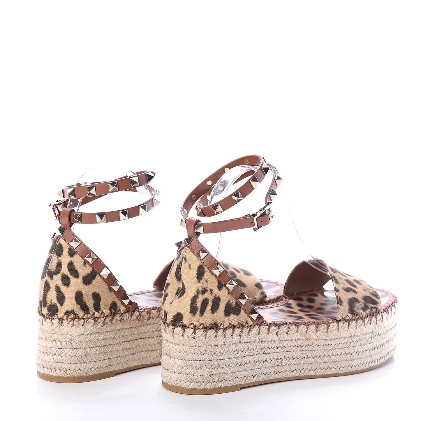 Canvas Leopard Print Rockstud Ankle Wrap Espadrille Flatform Sandals 38 Brown