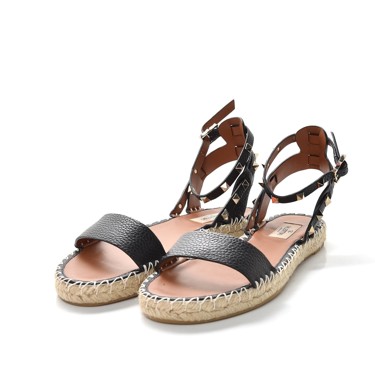 Valentino Garavani Grained Calfskin Rockstud Ankle Strap Espadrille Flat Sandals 40 Black 2 of 10