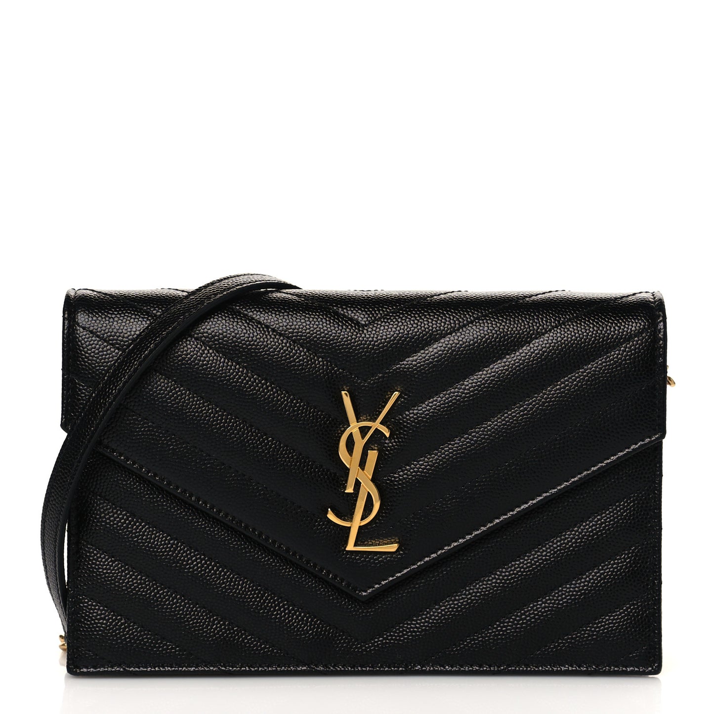 Grain De Poudre Matelasse Chevron Monogram Envelope Chain Wallet Black