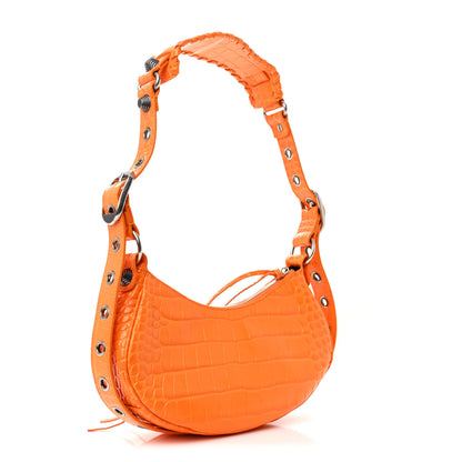 Balenciaga Extra Supple Calfskin Crocodile Embossed Le Cagole Shoulder Bag XS Pop Orange 4 of 12