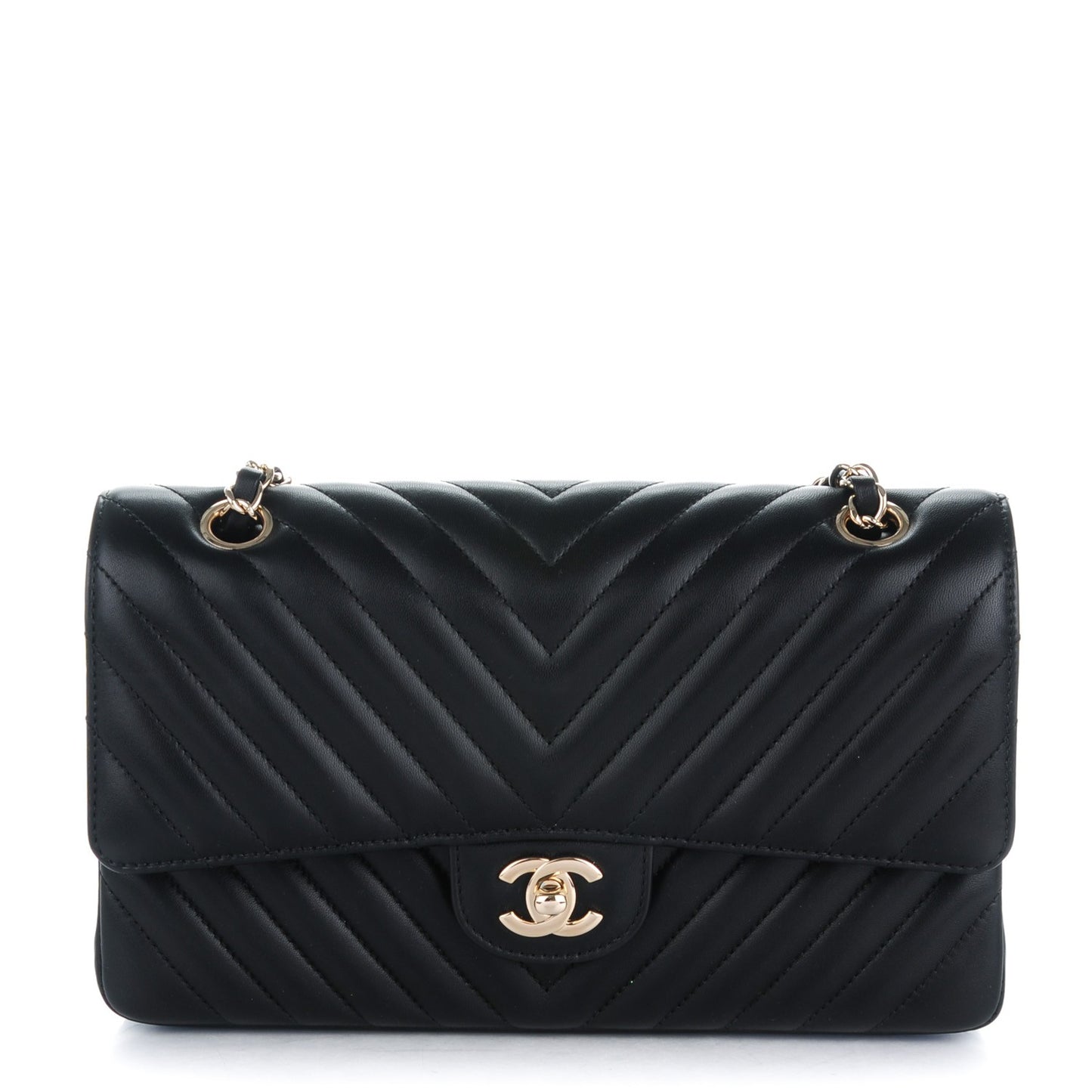Lambskin Chevron Quilted Medium Double Flap Black