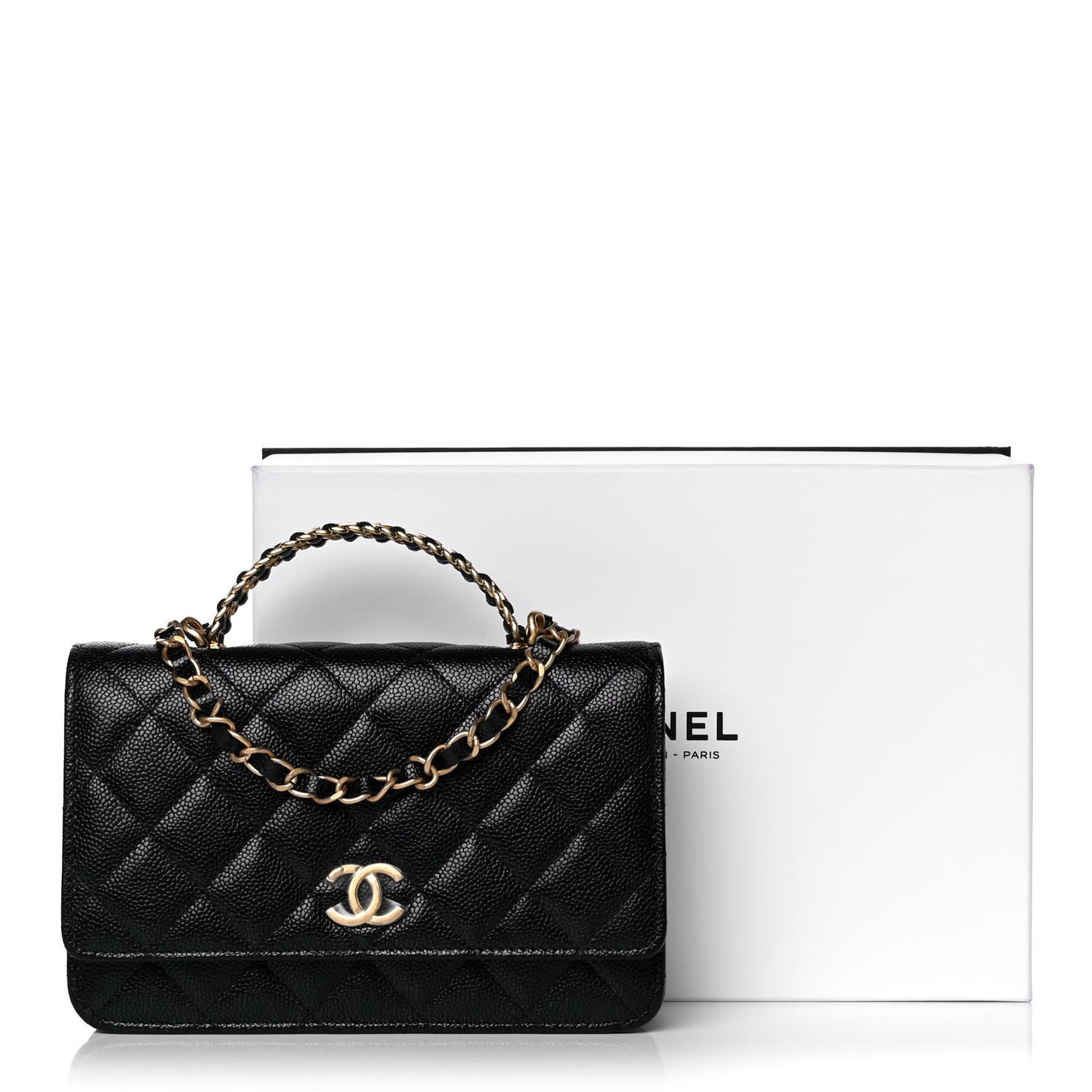 Shiny Caviar Quilted Pick Me Up Wallet On Chain WOC Black