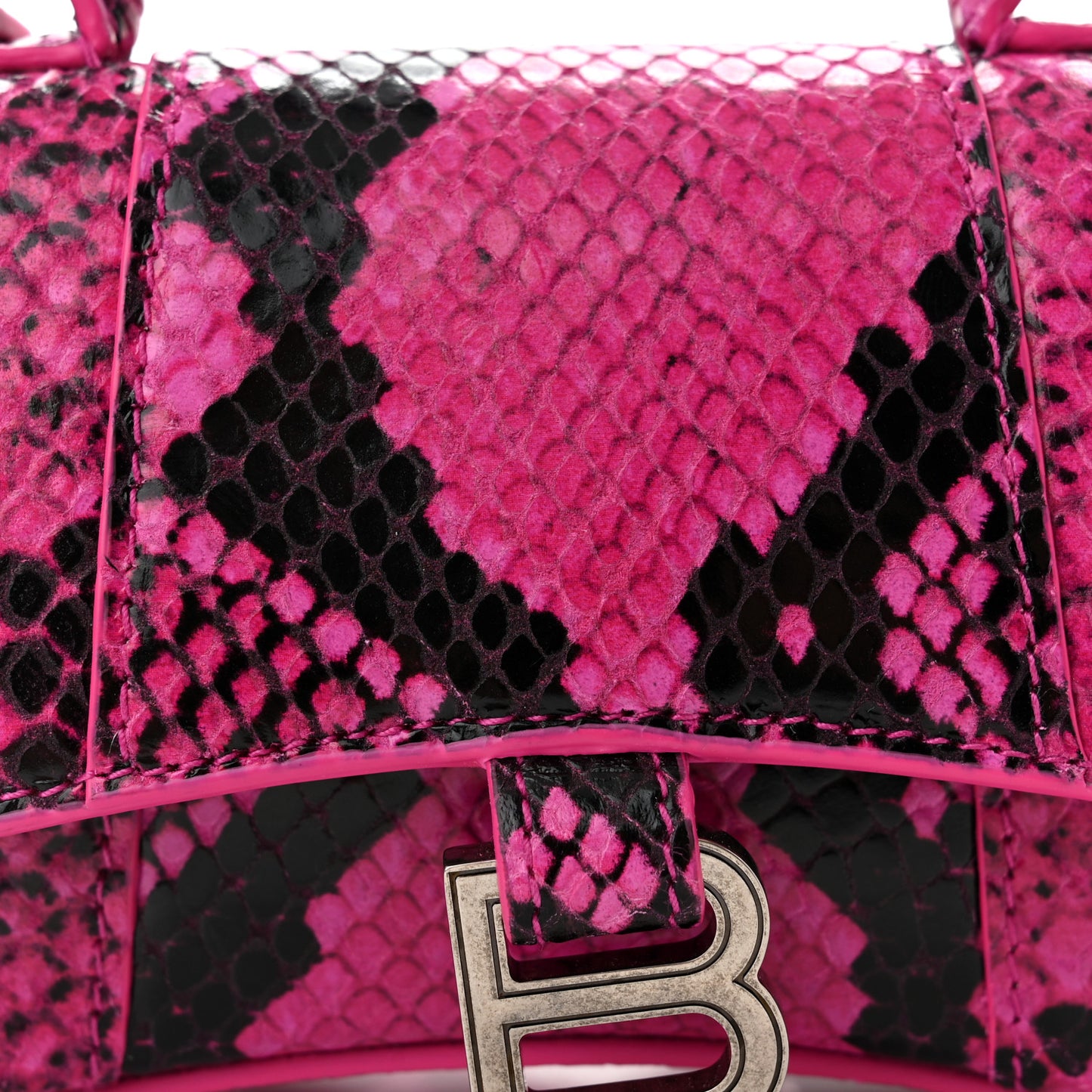Shiny Calfskin Python Effect Hourglass Top Handle Bag Mini Fuchsia Black