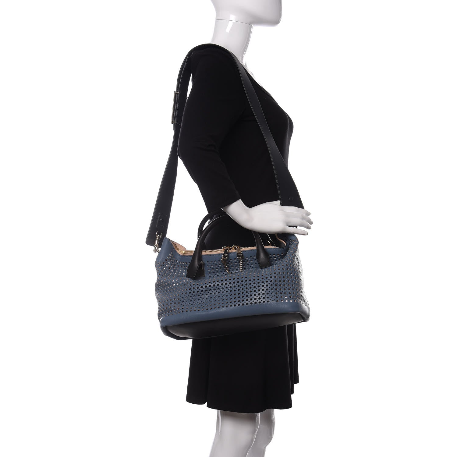 Chloe Calfskin Sheepskin Perforated Medium Baylee Tote Blue 2 of 8