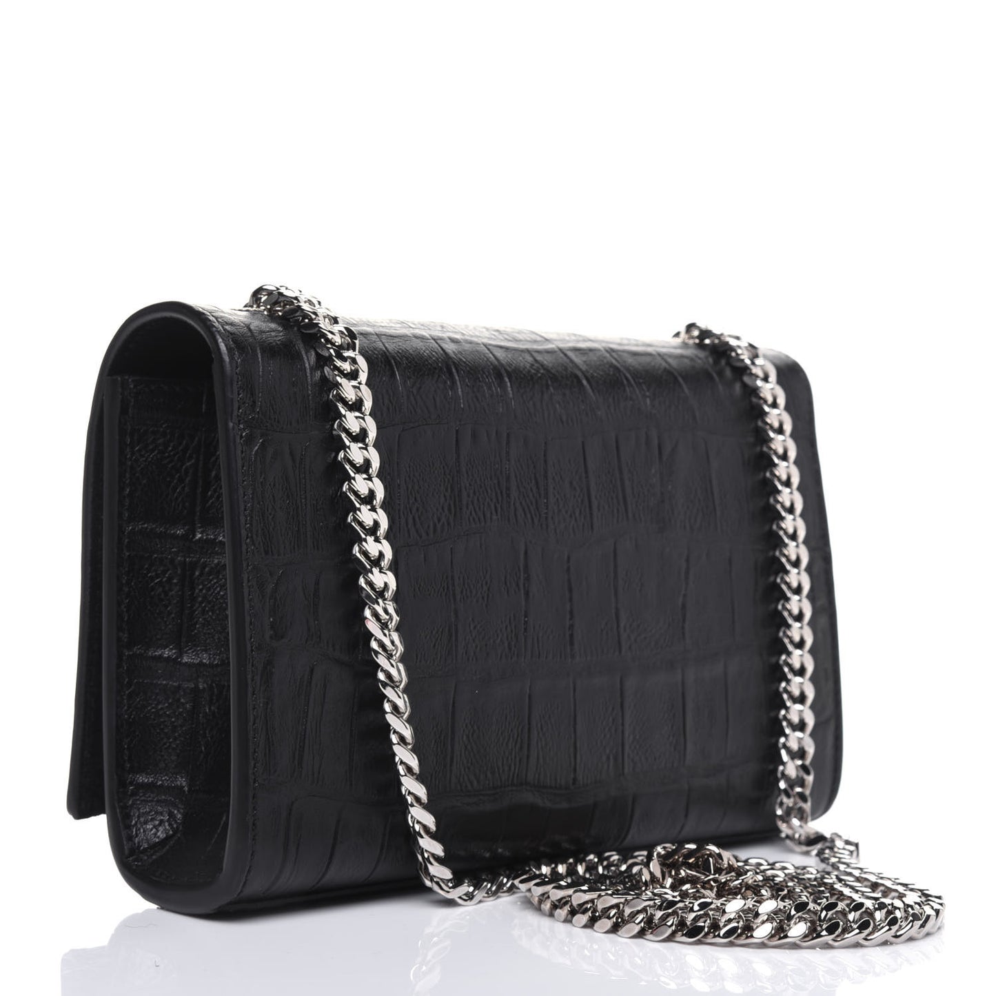Calfskin Crocodile Embossed Monogram Small Kate Tassel Satchel Black