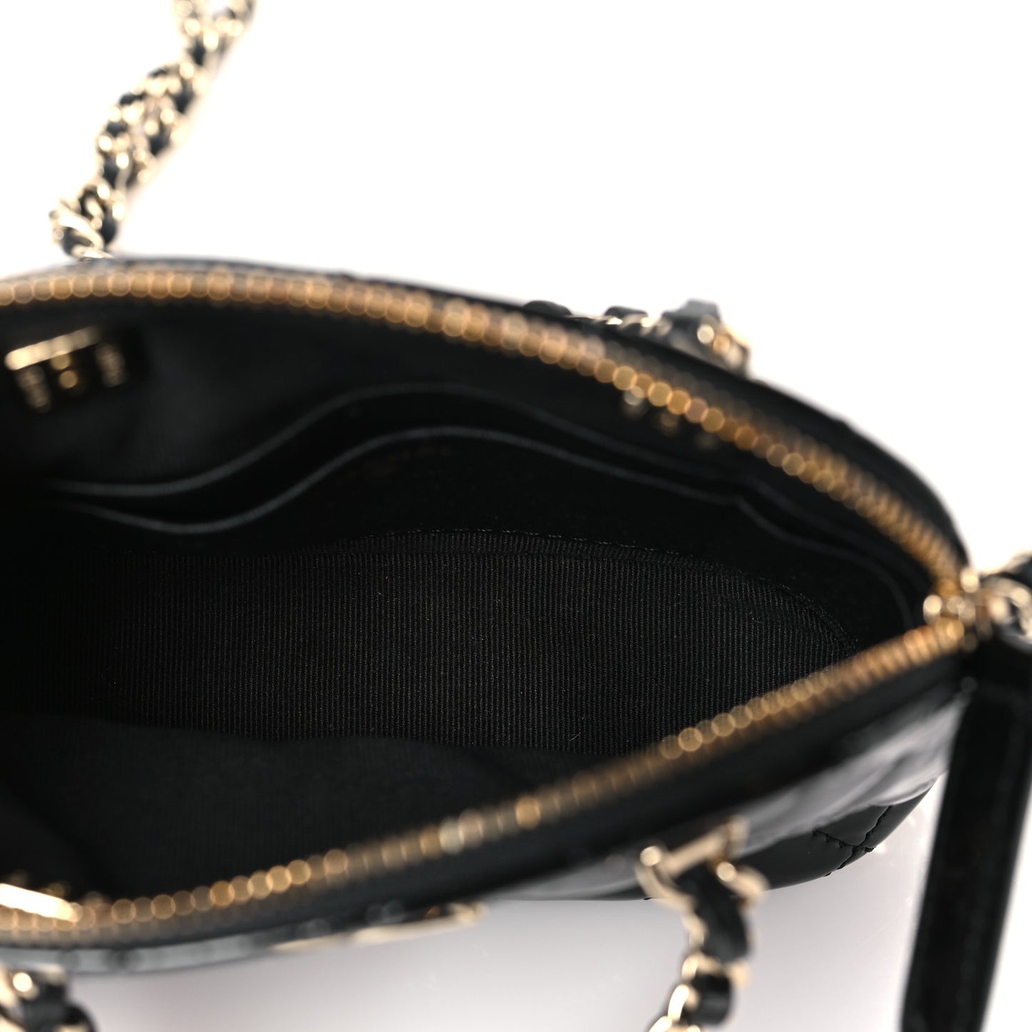 Patent Calfskin Quilted Shiny Coco Clutch With Chain Black