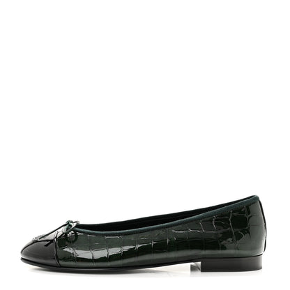 Chanel Patent Calfskin Crocodile Embossed Ballerina Flats 38 Dark Green Black 1 of 10