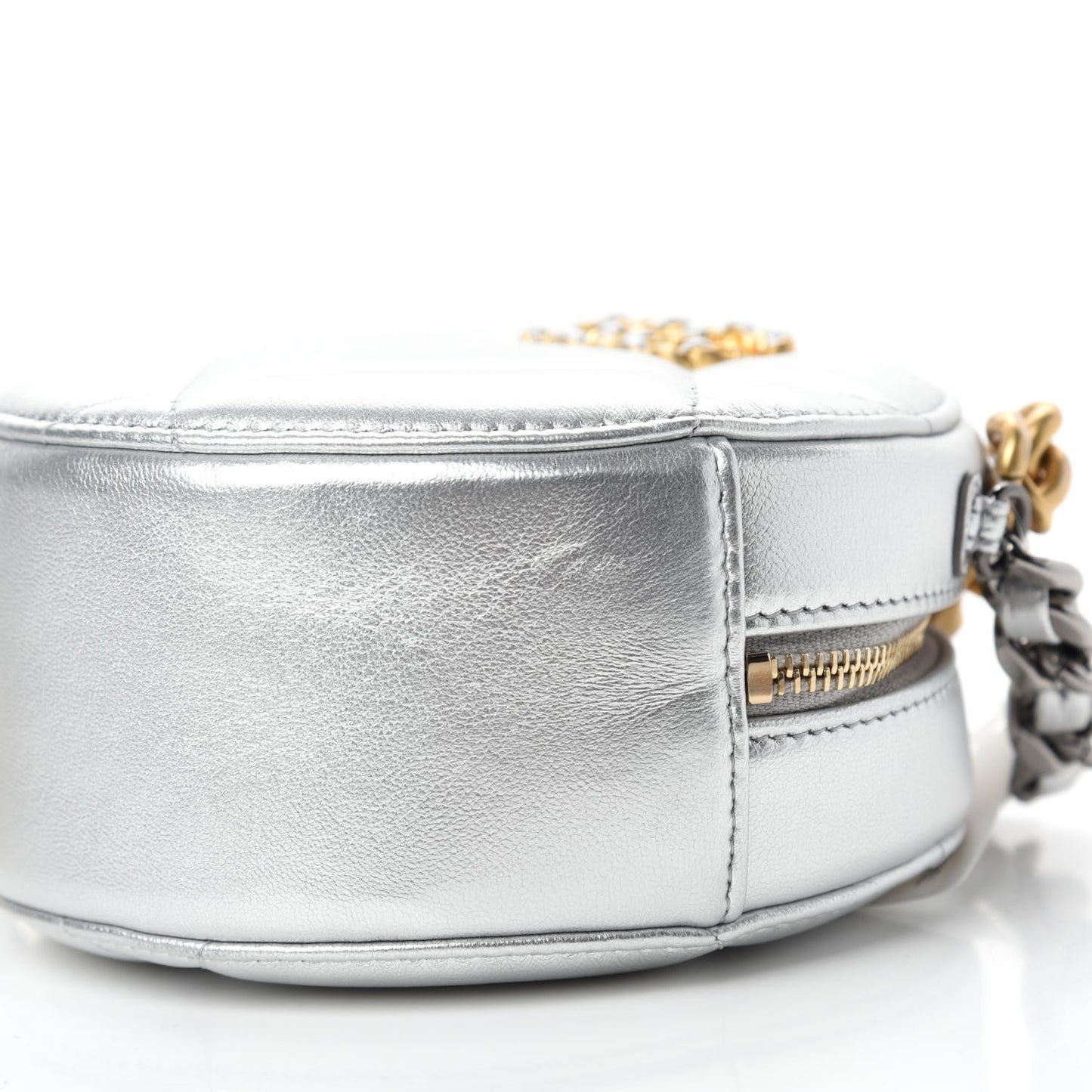 Metallic Lambskin Quilted Chanel 19 Round Clutch With Chain Silver