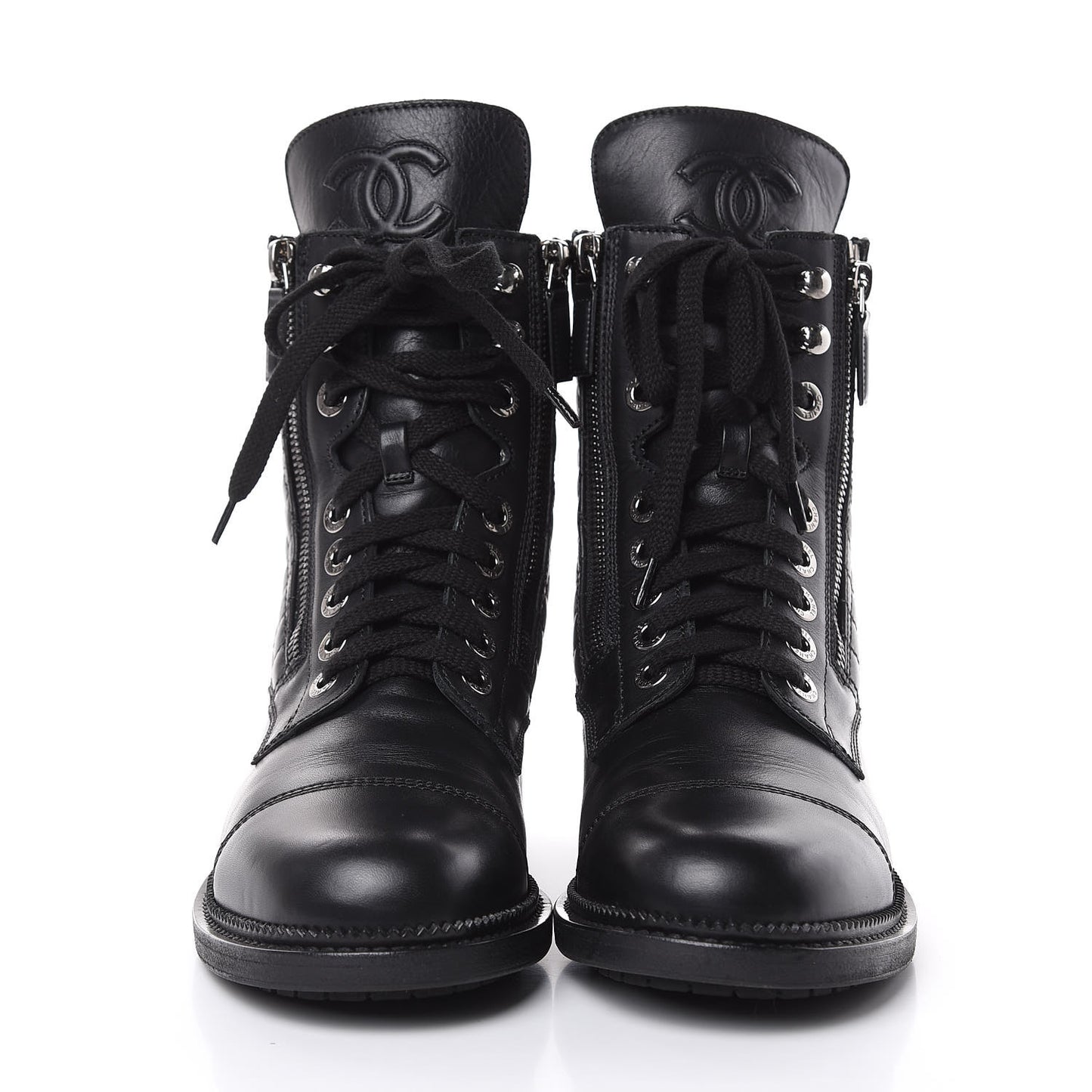 Calfskin Quilted Combat Boots 39 Black