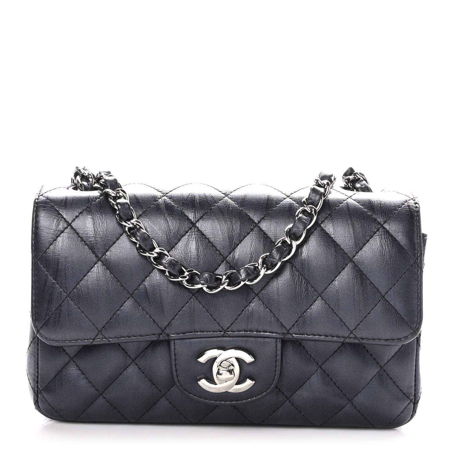 Iridescent Calfskin Quilted Mini Rectangular Flap Charcoal