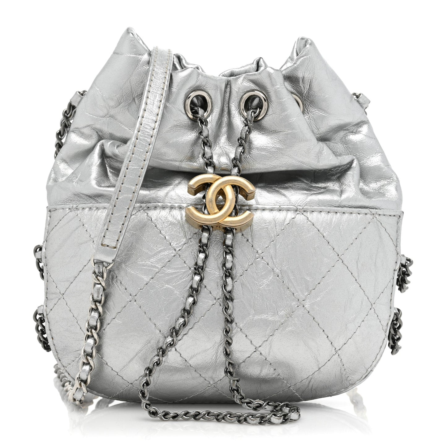 Metallic Aged Calfskin Quilted Small Gabrielle Bucket Silver