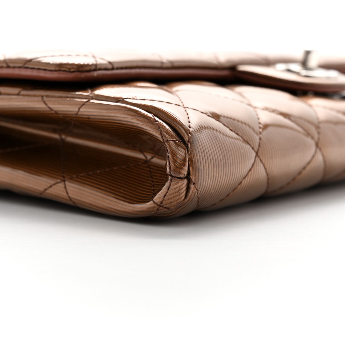 Striated Patent Quilted Clutch With Chain Flap Brown